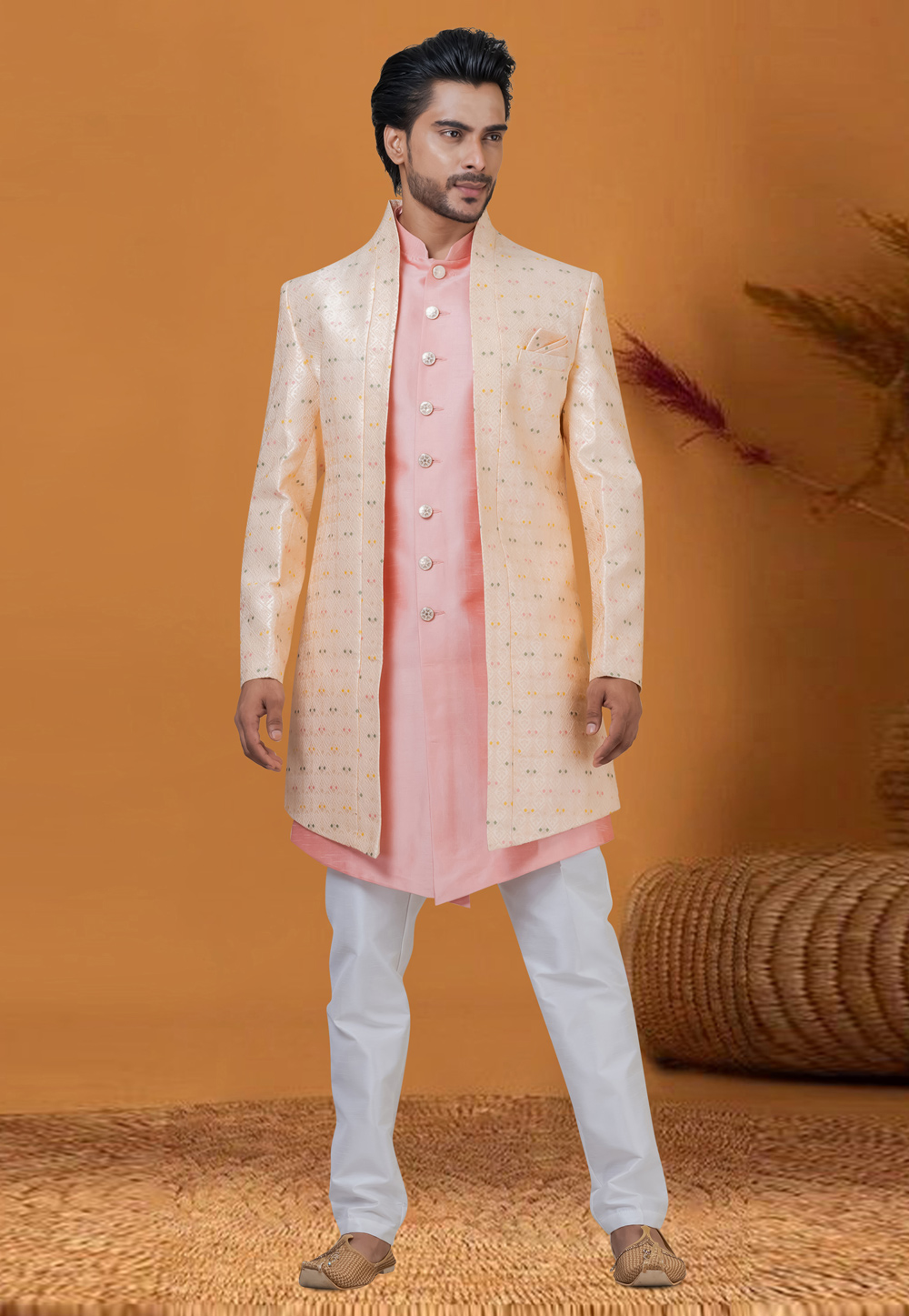 Pink Jacquard Silk Jacket Style Sherwani 276554
