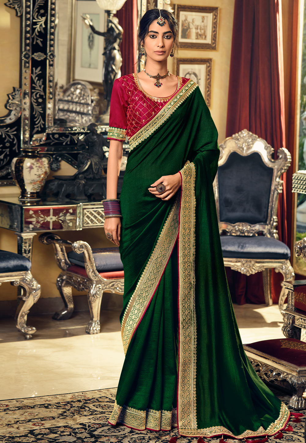 Green Silk Saree With Blouse 240701