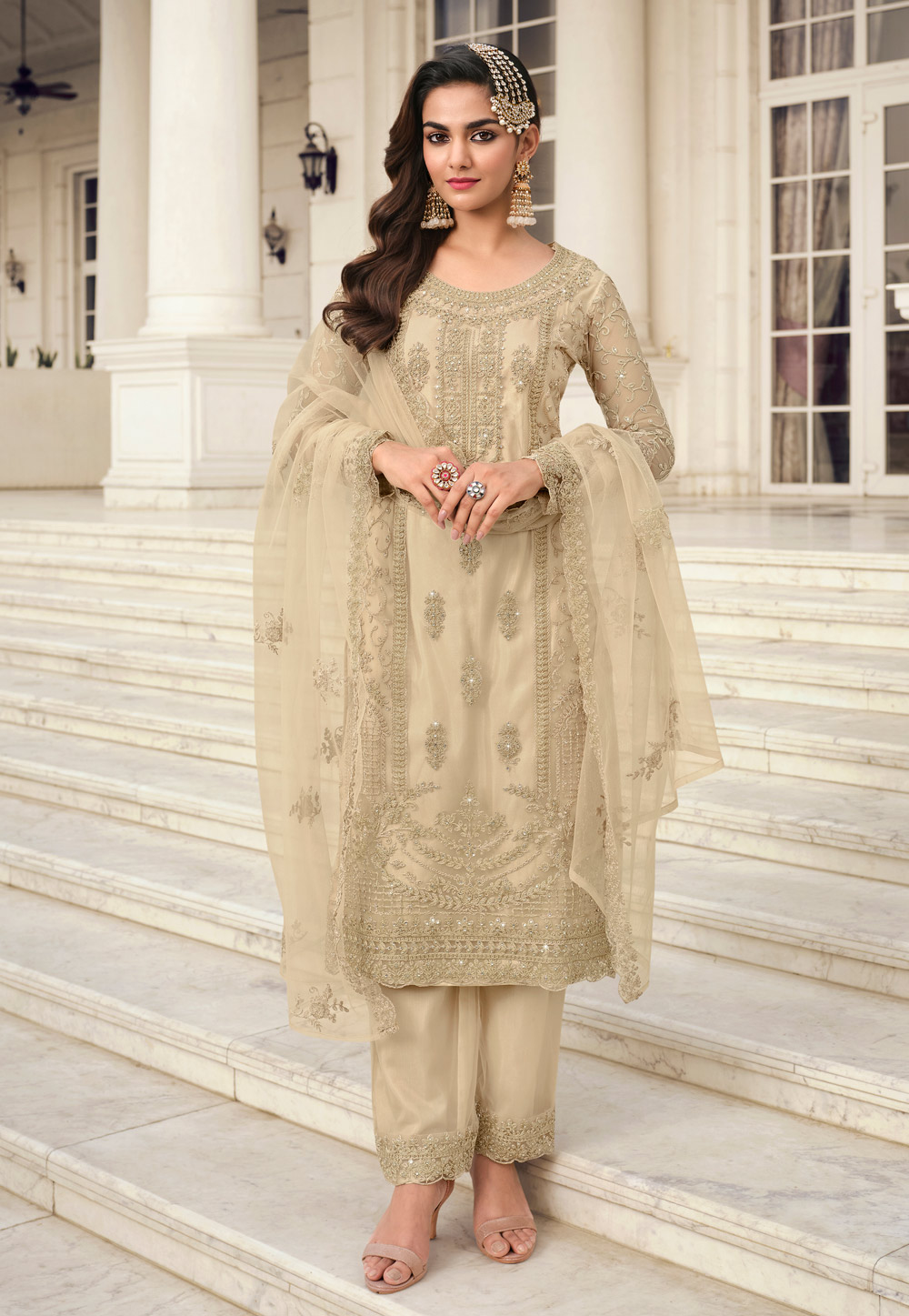 Beige Net Embroidered Pant Style Suit 247631