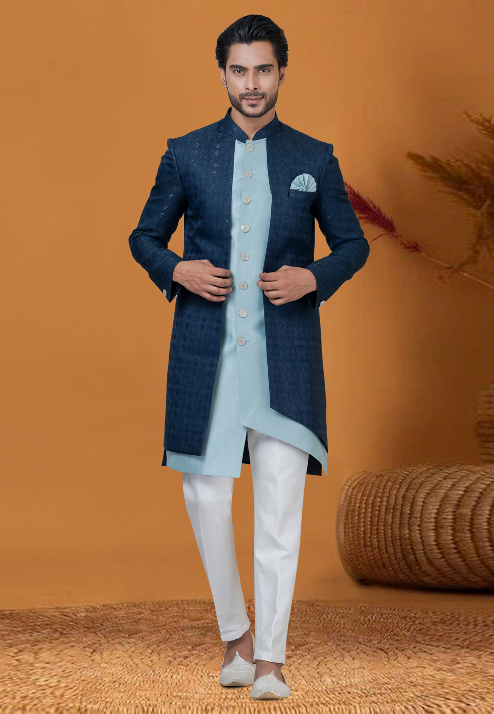 Sky Blue Jacquard Silk Jacket Style Sherwani 276555