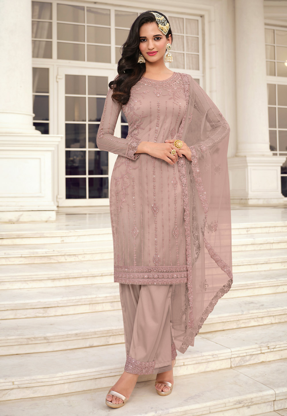 Light Pink Net Embroidered Palazzo Suit 247632