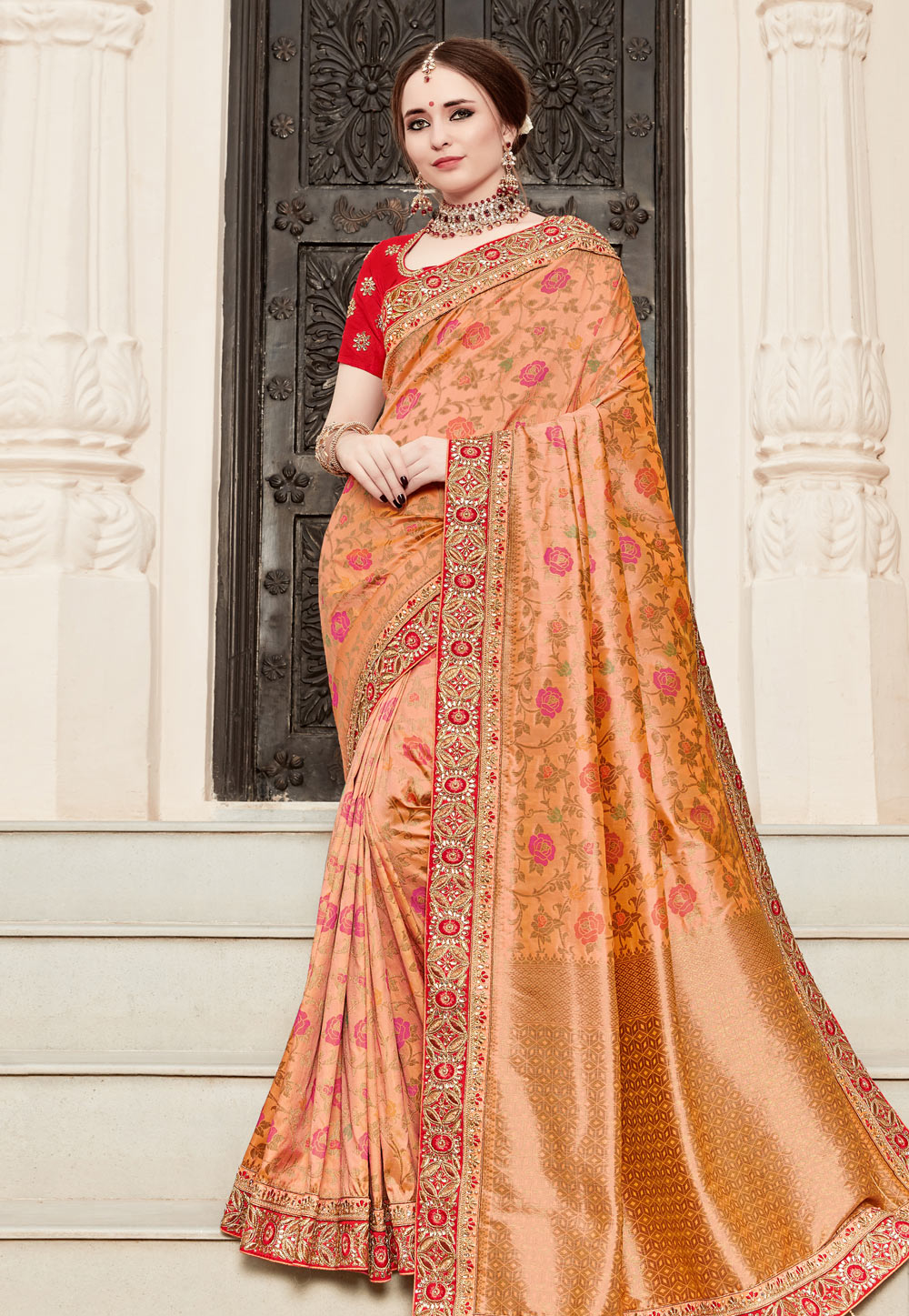 Peach Silk Embroidered Saree With Blouse 179692