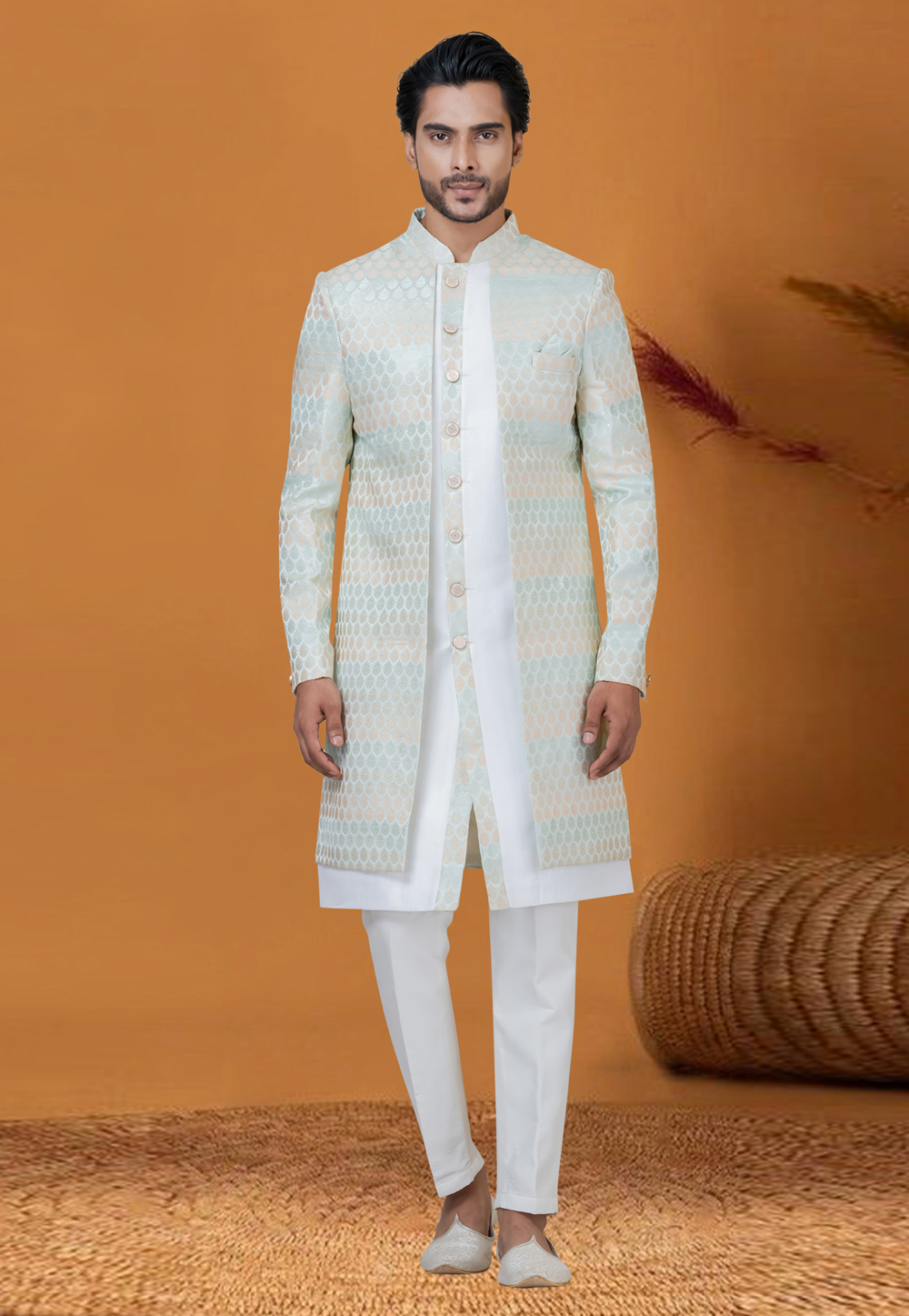 White Jacquard Silk Jacket Style Sherwani 276556