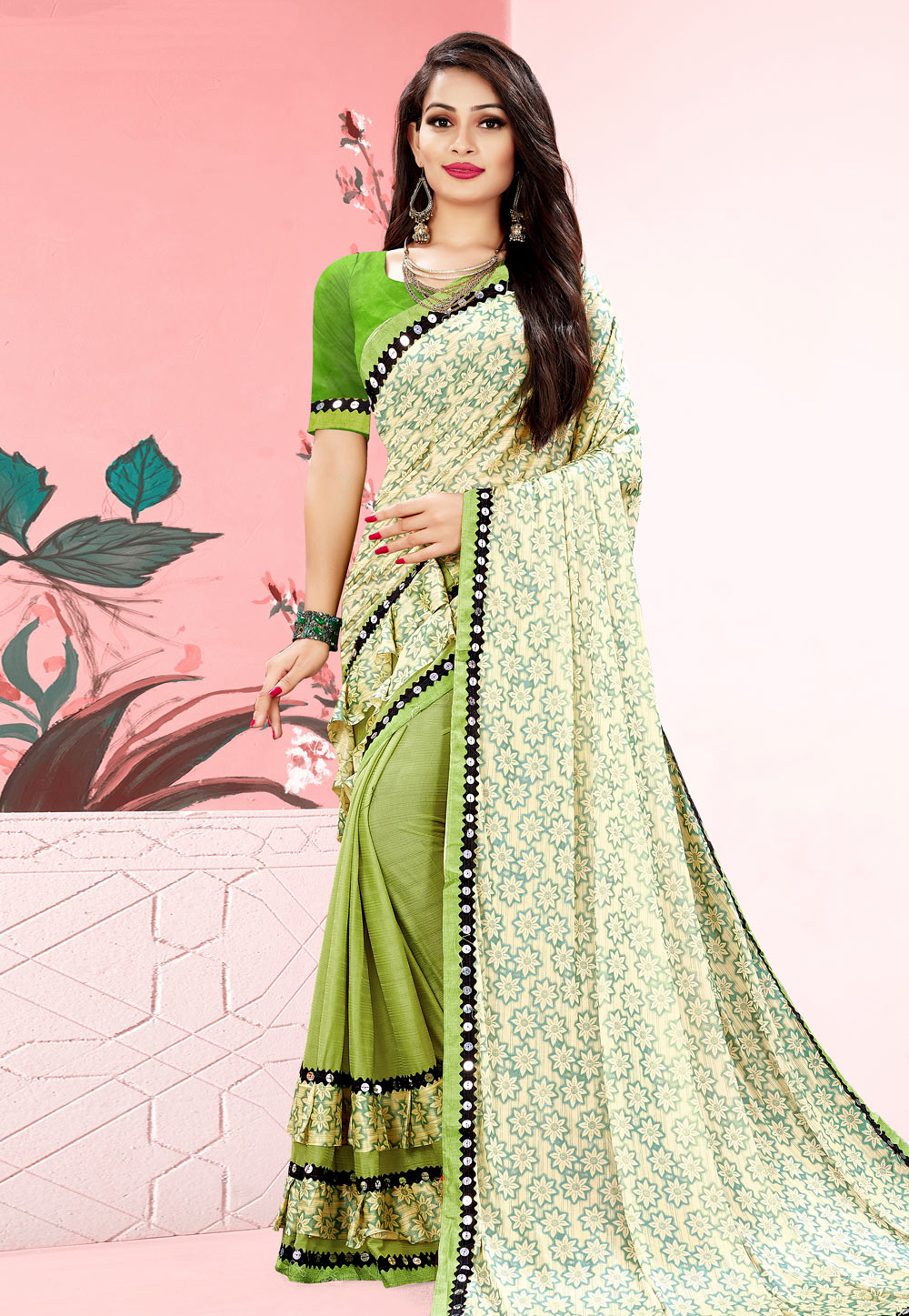 Light Green Lycra Half and Half Saree 208705