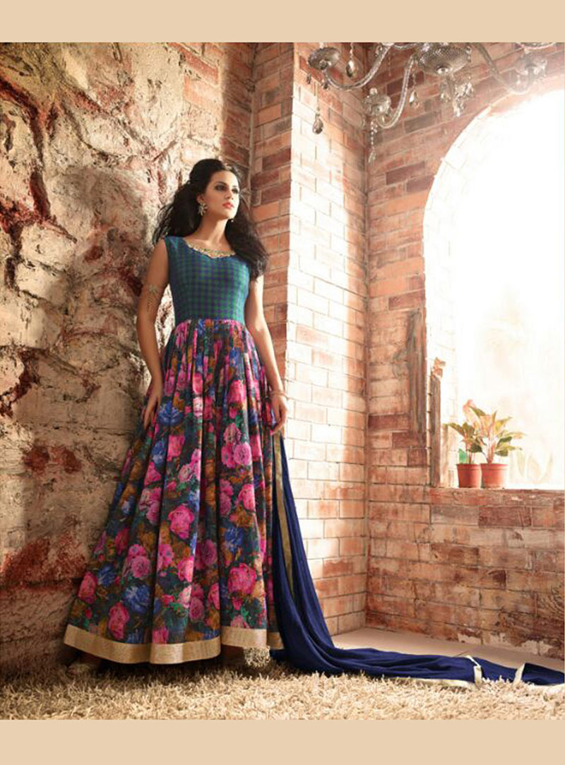 Blue Banarasi Silk Ankle Length Anarkali Suit 73549