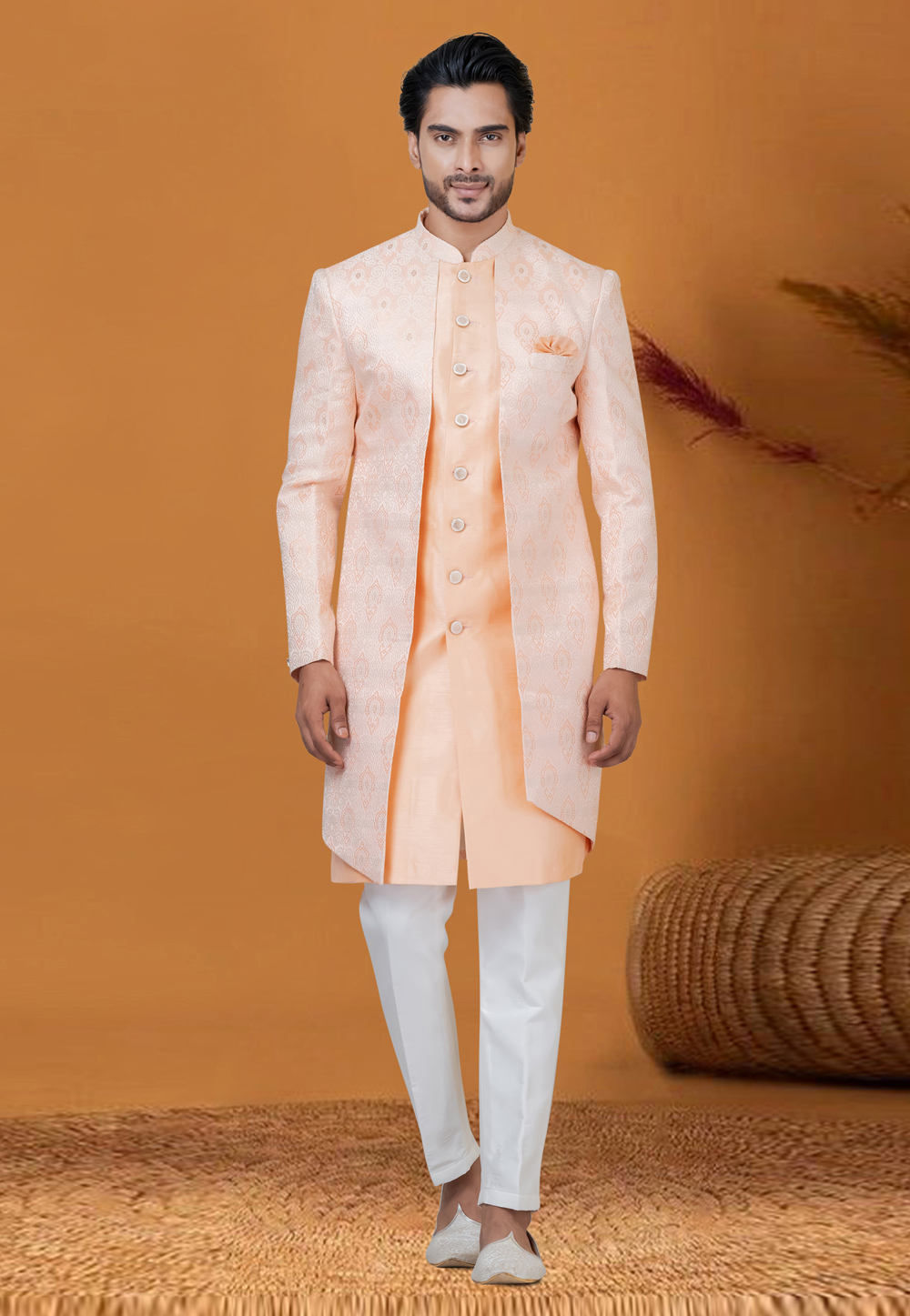 Peach Jacquard Silk Jacket Style Sherwani 276557