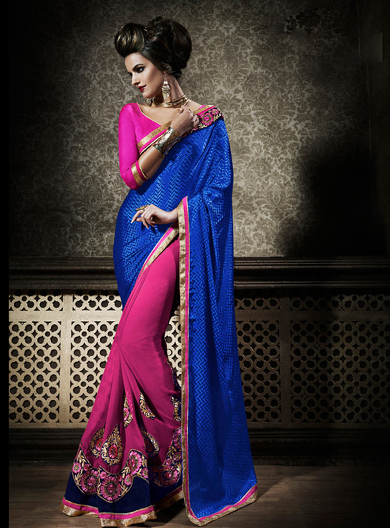 Blue Faux Chiffon Half and Half Saree With Blouse 58734