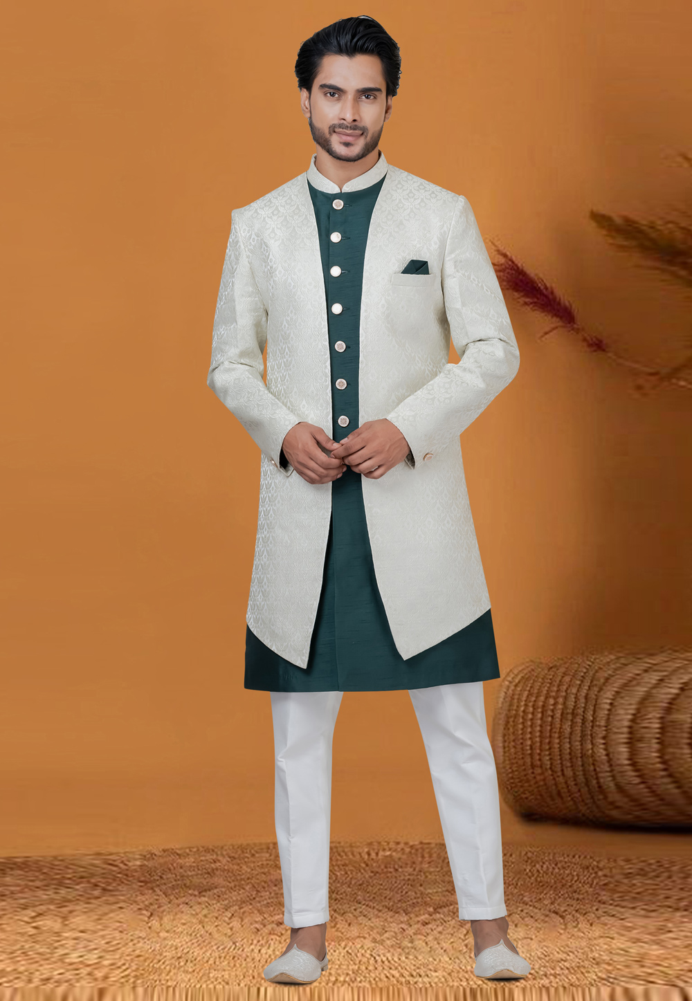 Green Jacquard Silk Jacket Style Sherwani 276558