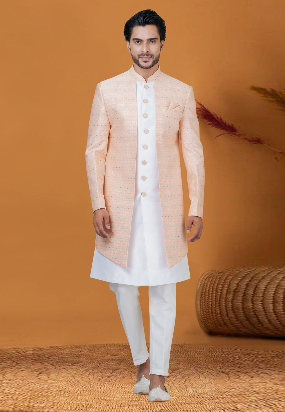 White Jacquard Silk Jacket Style Sherwani 276559