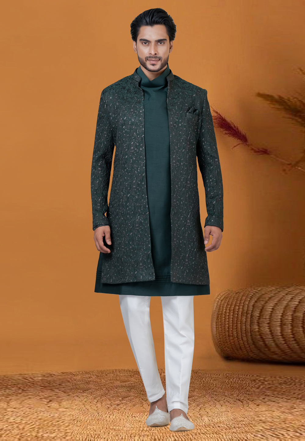 Green Jacquard Silk Jacket Style Sherwani 276560