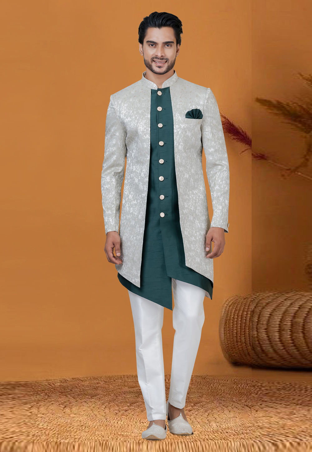 Green Jacquard Silk Jacket Style Sherwani 276561