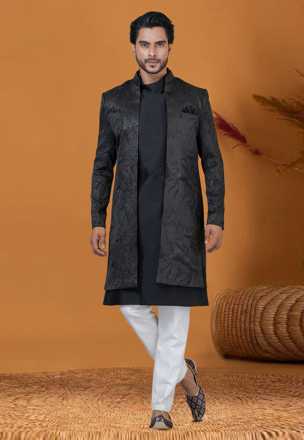 Black Jacquard Silk Jacket Style Sherwani 276562