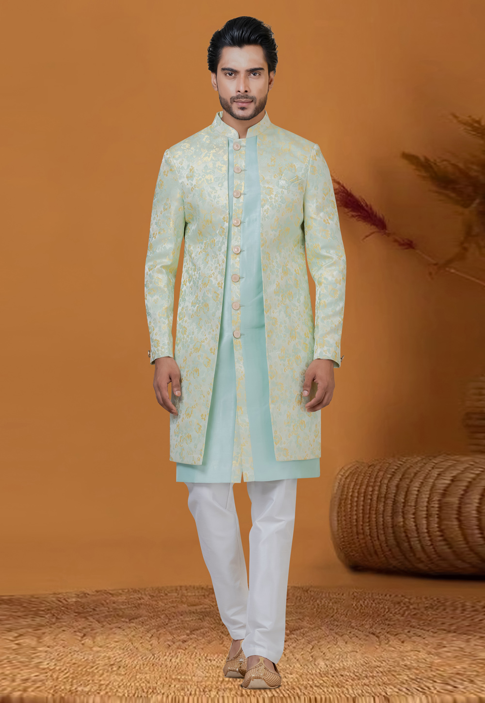Sky Blue Jacquard Silk Jacket Style Sherwani 276563