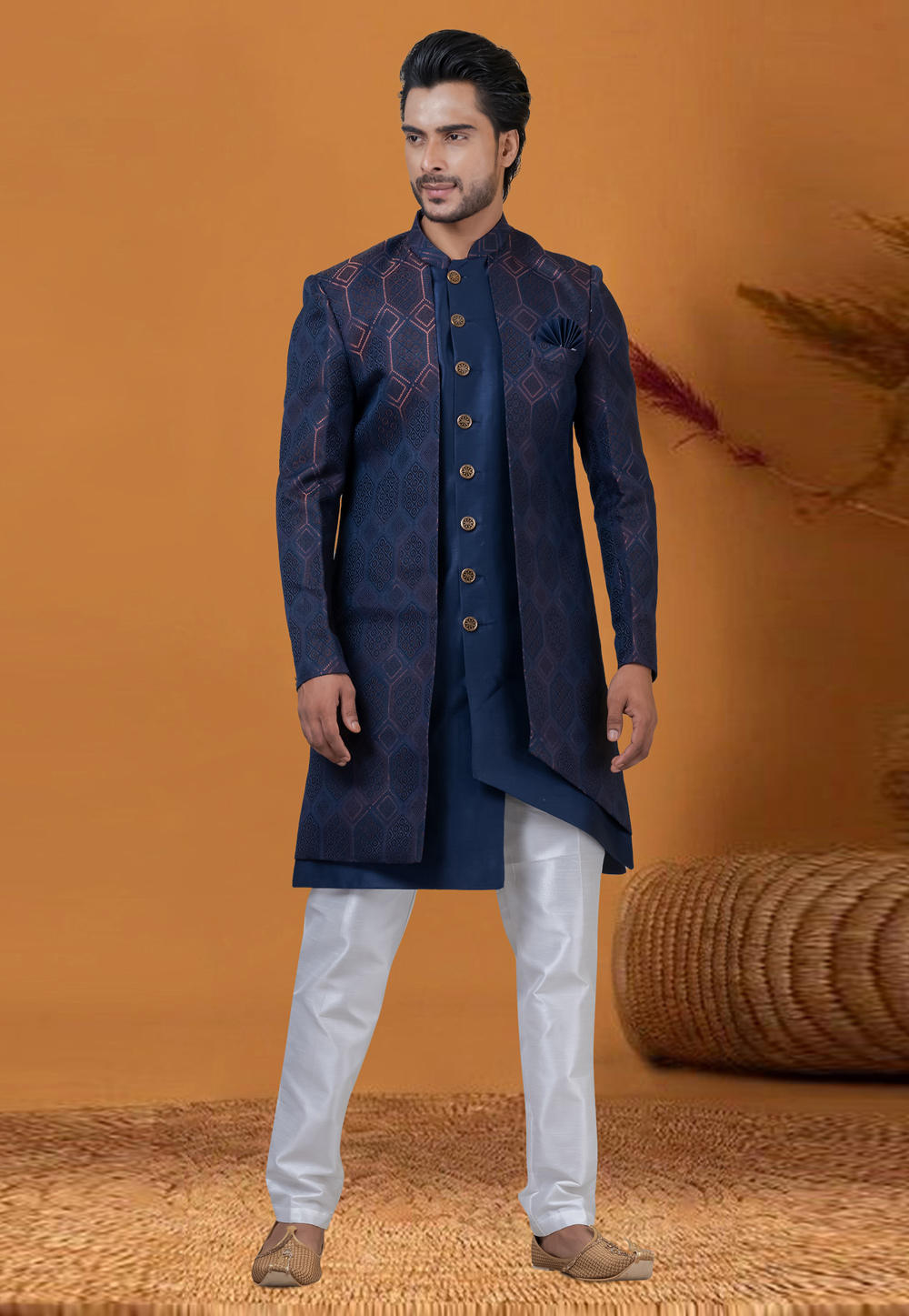 Navy Blue Jacquard Silk Jacket Style Sherwani 276564
