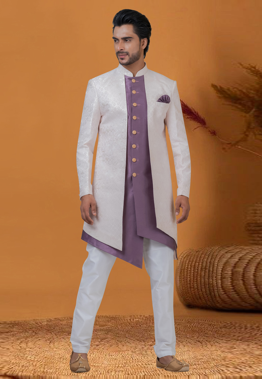 Purple Jacquard Silk Jacket Style Sherwani 276565