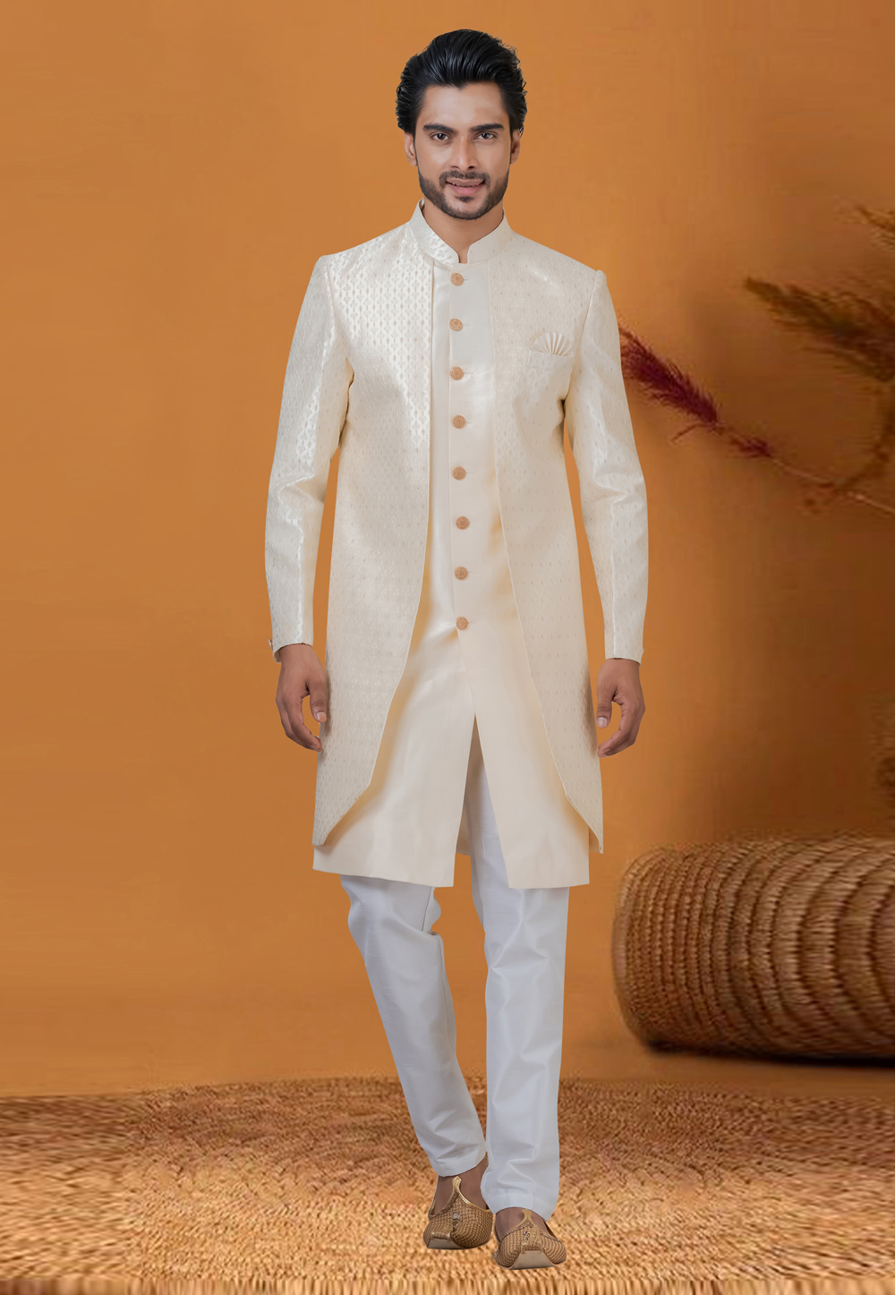 Cream Jacquard Silk Jacket Style Sherwani 276566