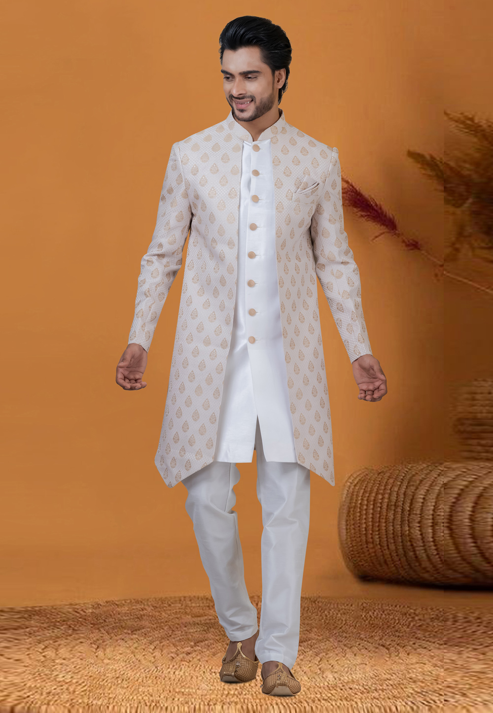 White Jacquard Silk Jacket Style Sherwani 276567