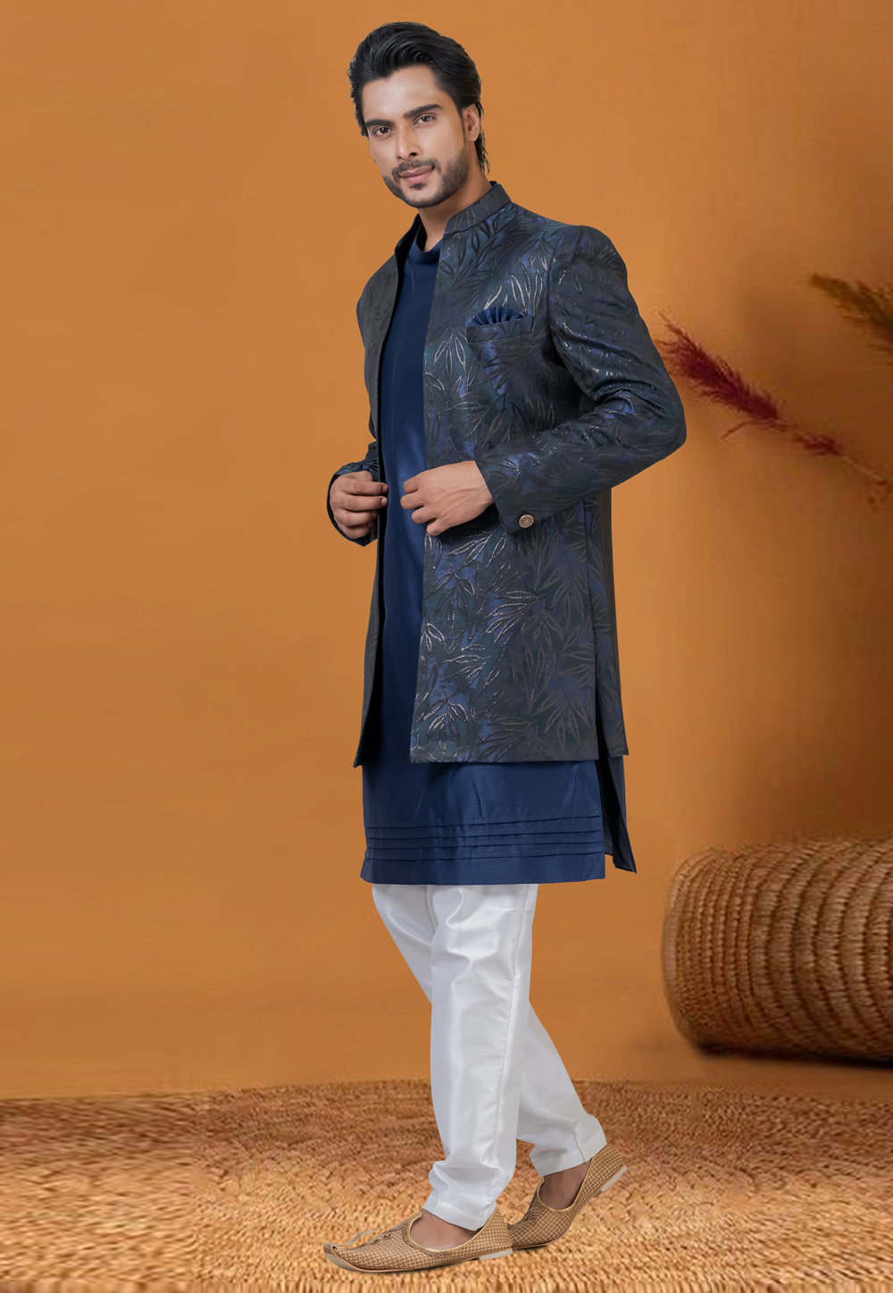 Navy Blue Jacquard Silk Jacket Style Sherwani 276568