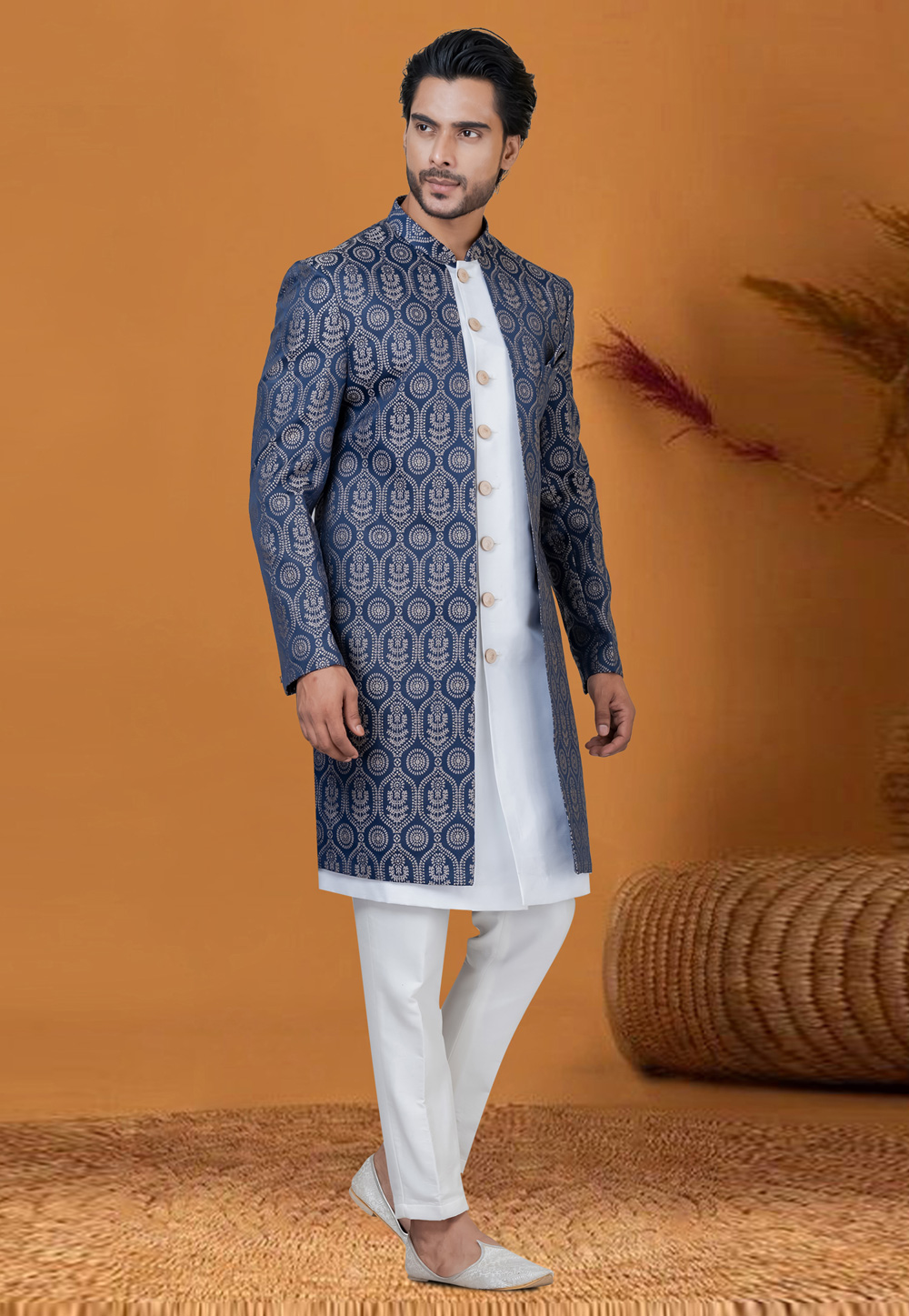 White Jacquard Silk Jacket Style Sherwani 276569