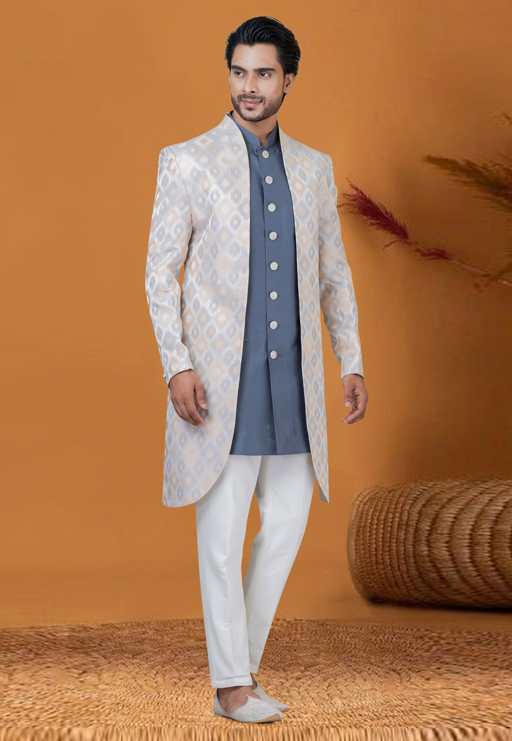 Light Blue Jacquard Silk Jacket Style Sherwani 276570