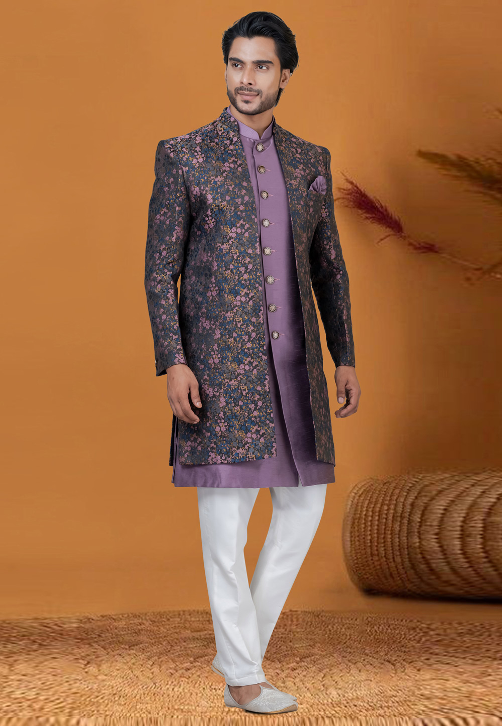 Light Purple Jacquard Silk Jacket Style Sherwani 276571