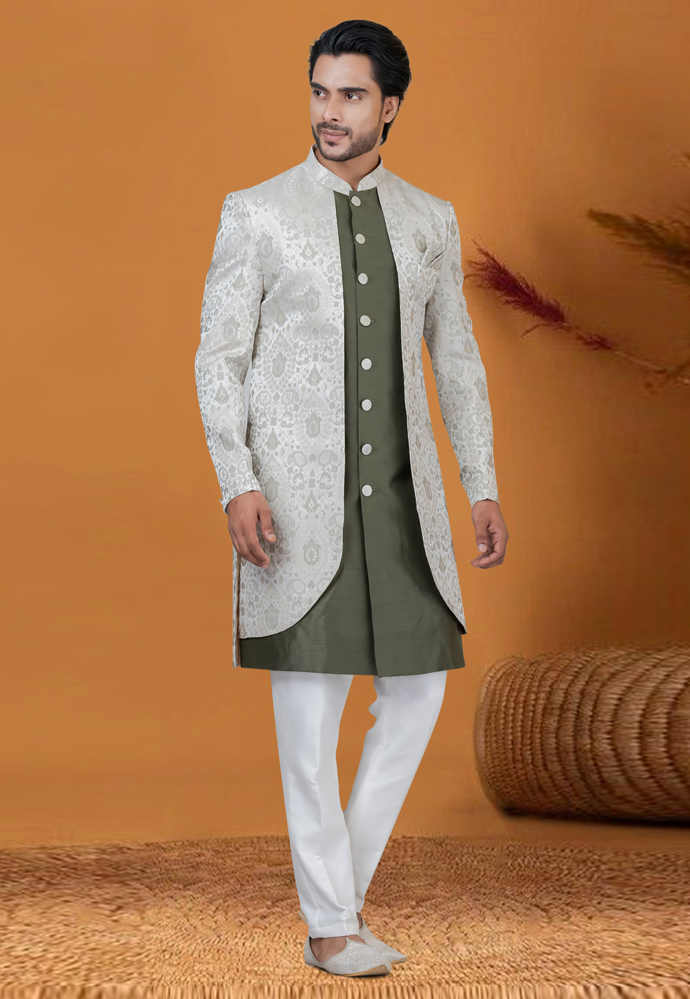 Mehndi Jacquard Silk Jacket Style Sherwani 276572