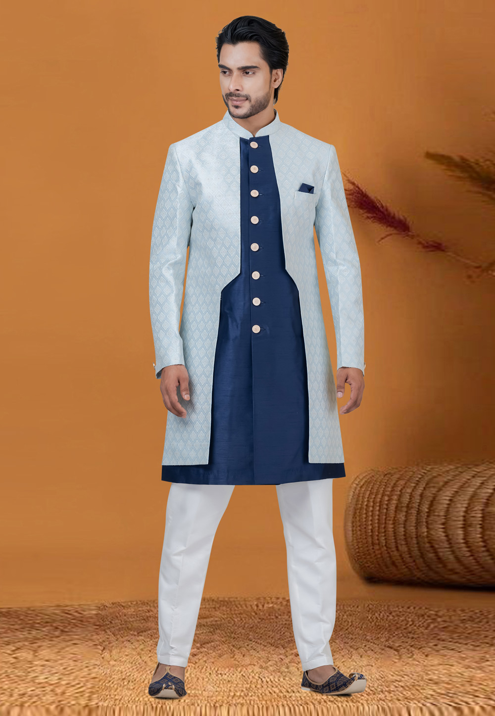 Navy Blue Jacquard Silk Jacket Style Sherwani 276573