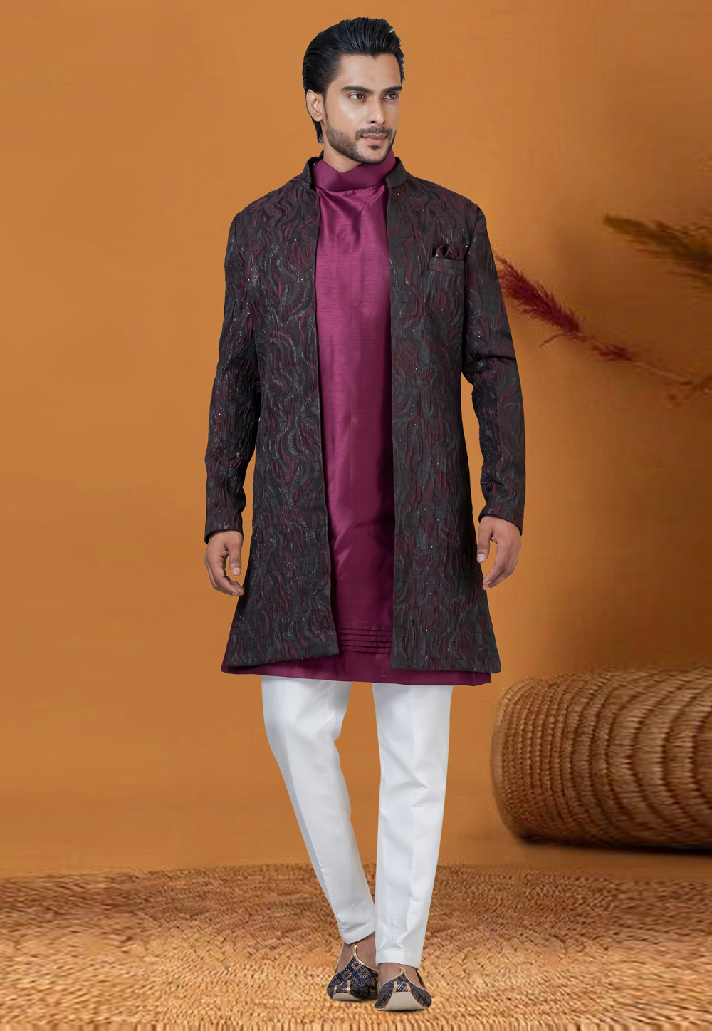 Wine Jacquard Silk Jacket Style Sherwani 276574