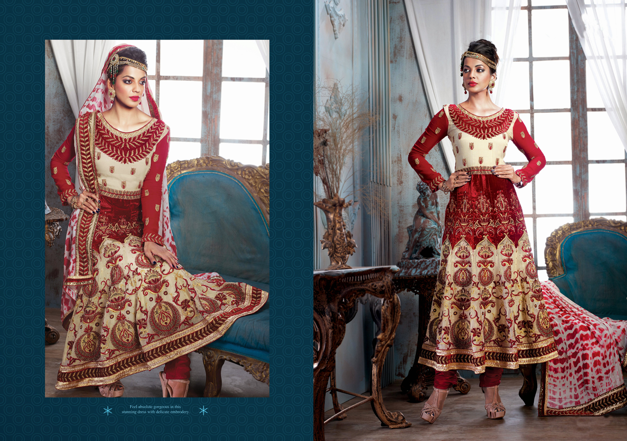 Mugdha Godse Cream and Maroon Embroidered Anarkali Suit 35720