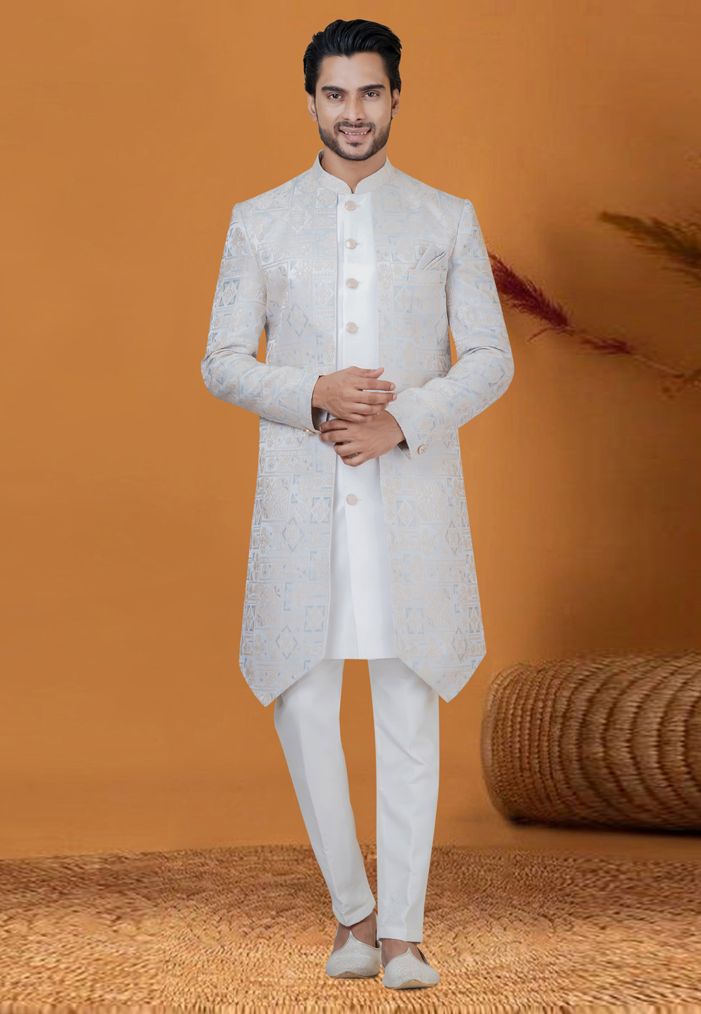 White Jacquard Silk Jacket Style Sherwani 276575