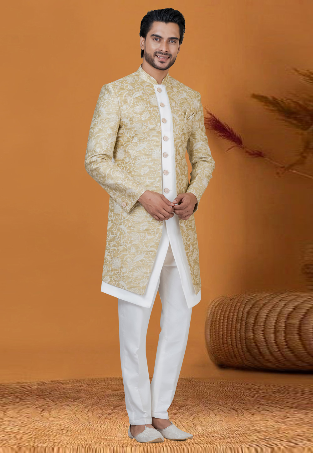 White Jacquard Silk Jacket Style Sherwani 276576