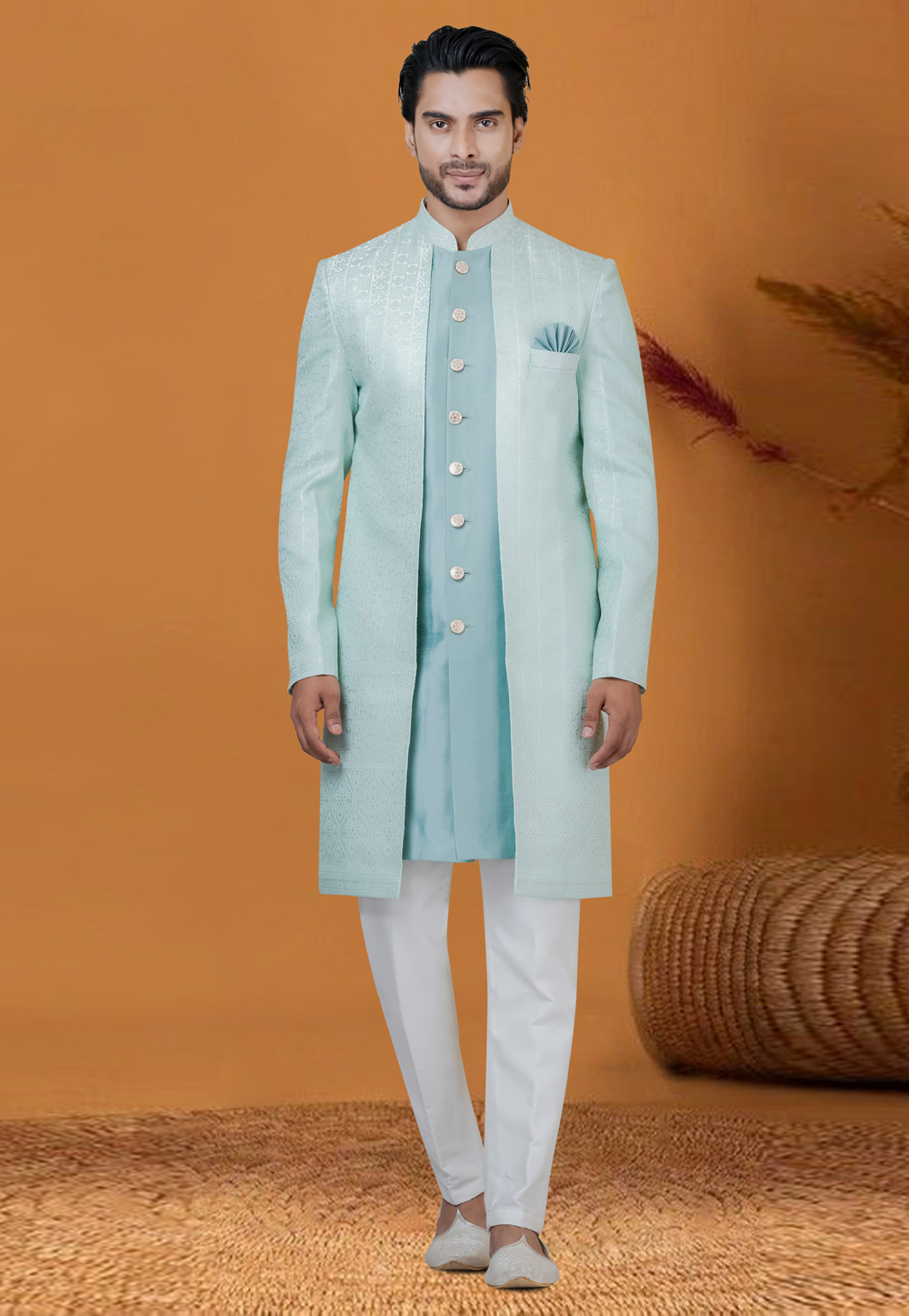 Sky Blue Jacquard Silk Jacket Style Sherwani 276577