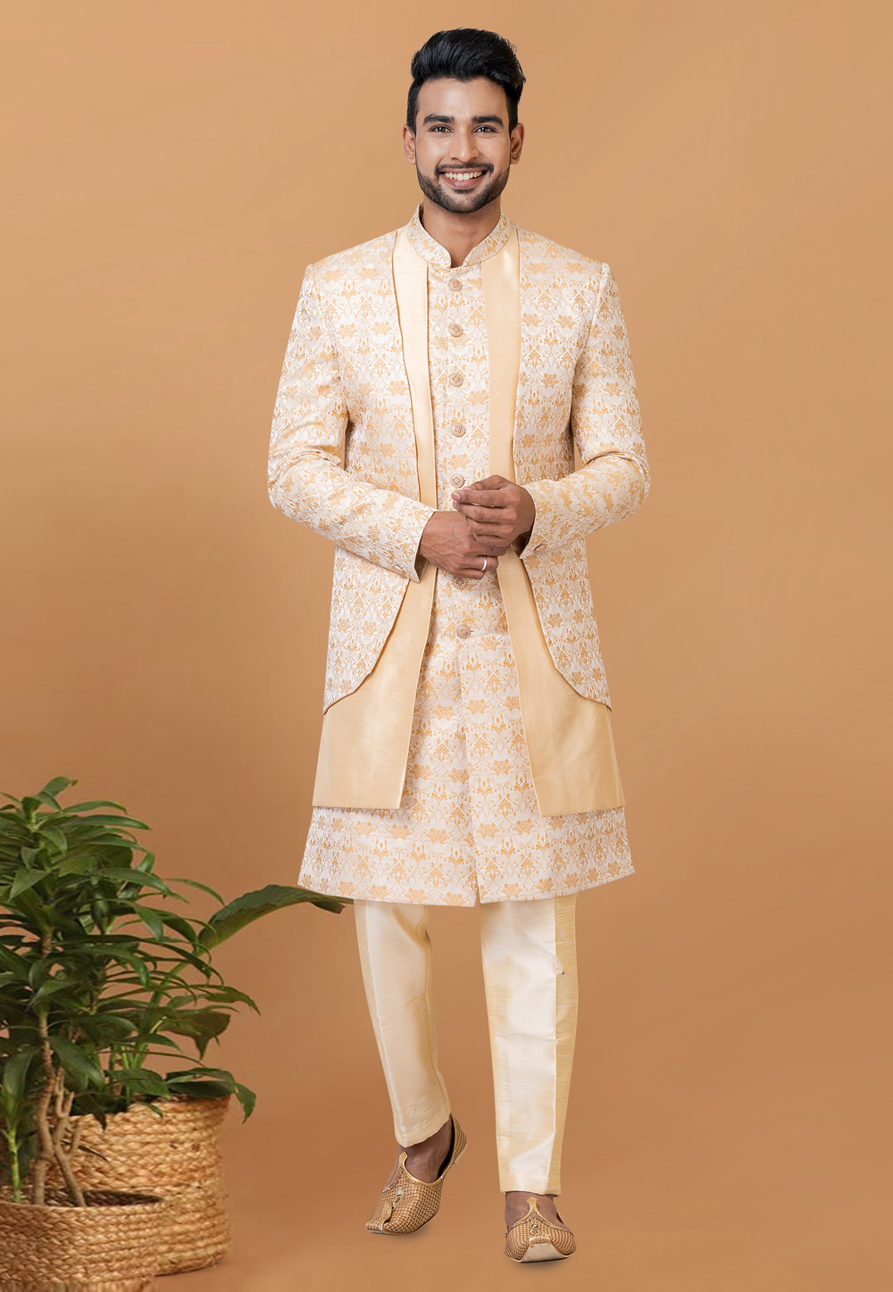 Off White Jacquard Silk Jacket Style Sherwani 276578