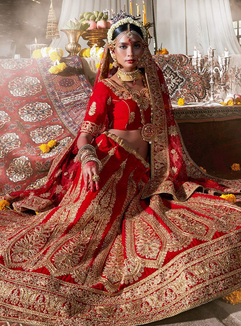 Red Velvet A Line Bridal Lehenga Choli 86859
