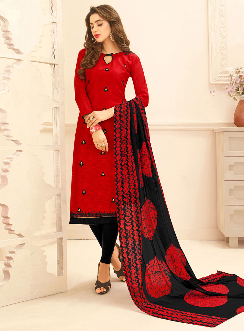 Red Jacquard Cotton Churidar Salwar Suit 131415