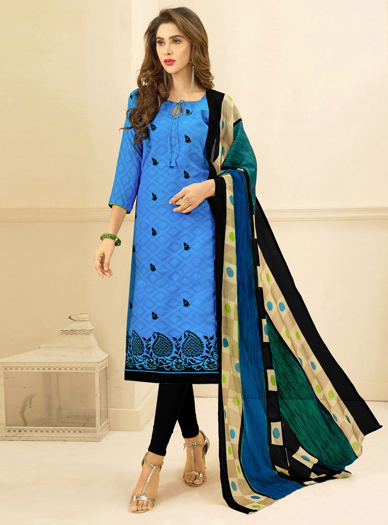 Blue Jacquard Cotton Churidar Salwar Suit 131419