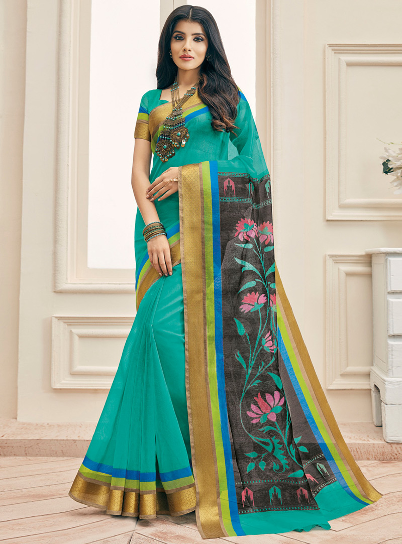 Turquoise Cotton Printed Saree With Blouse 97215