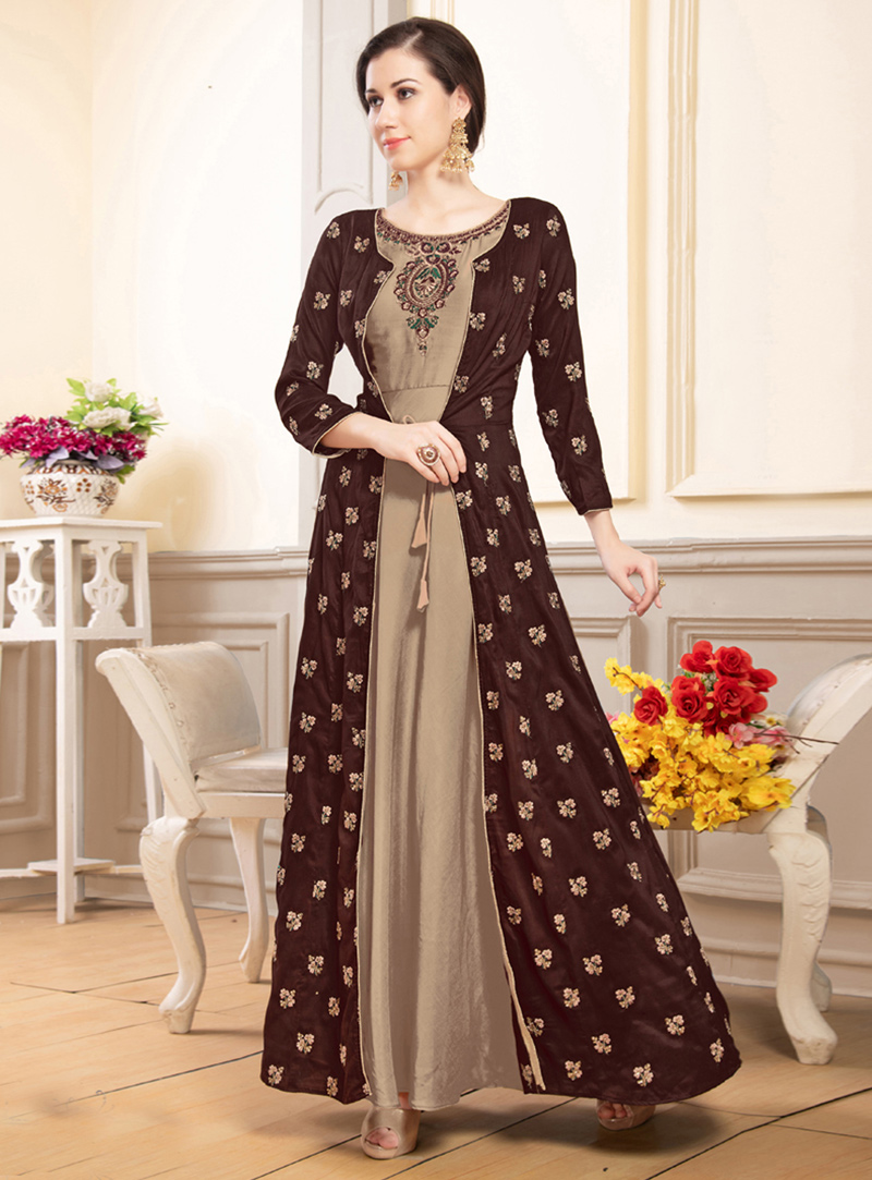 Brown Silk Long Anarkali Suit 131608
