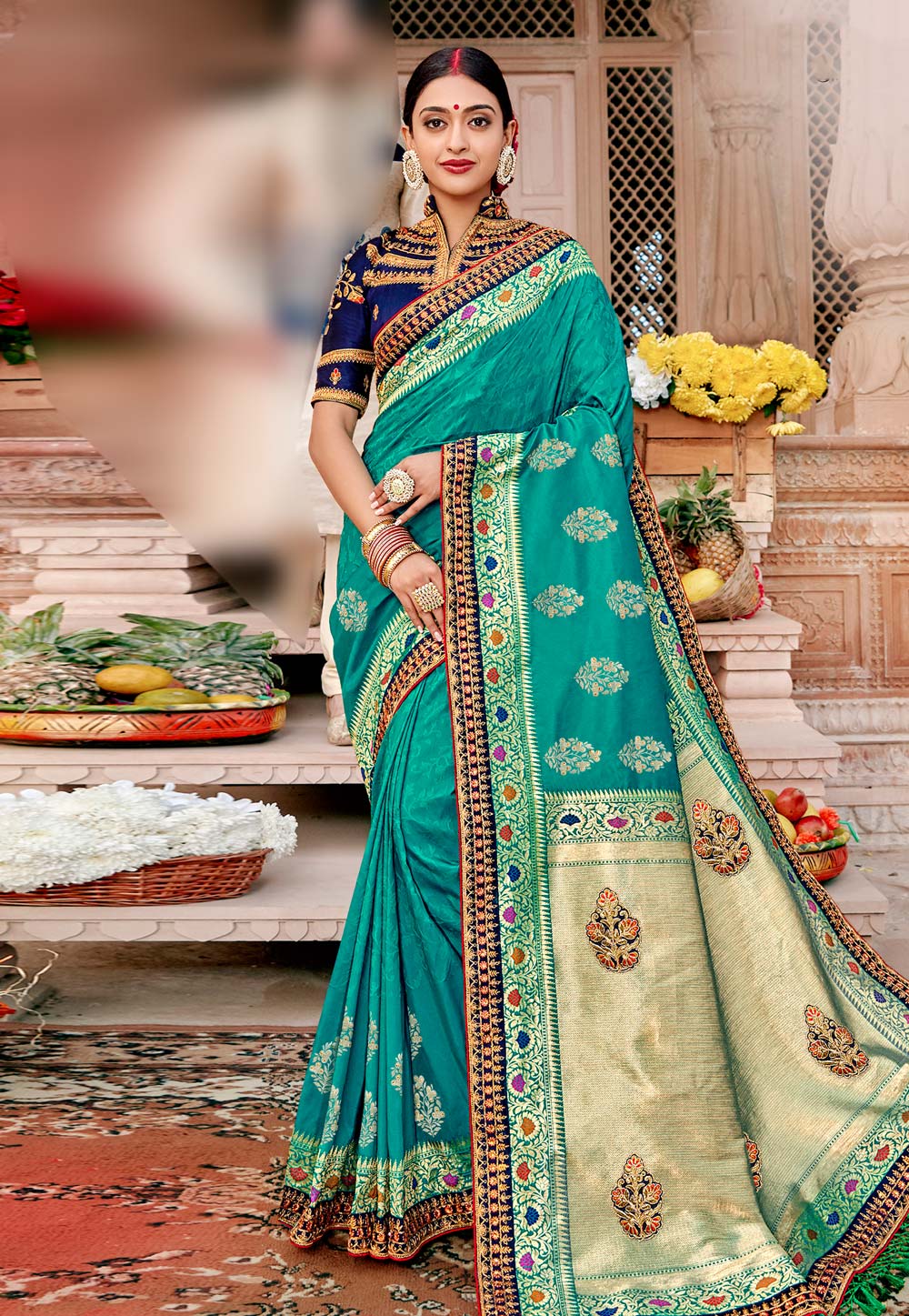 Turquoise Banarasi Silk Festival Wear Saree 209093