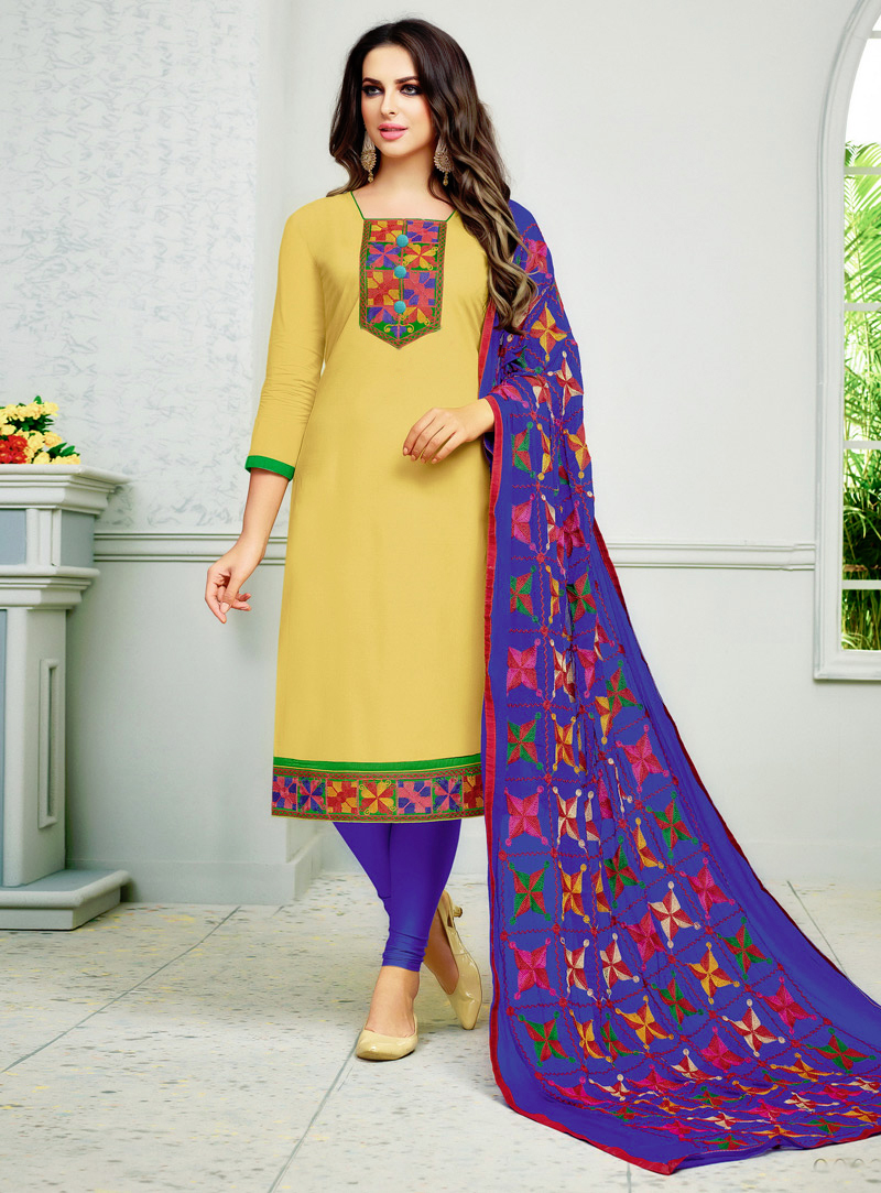 Yellow Cambric Cotton Churidar Salwar Suit 132713