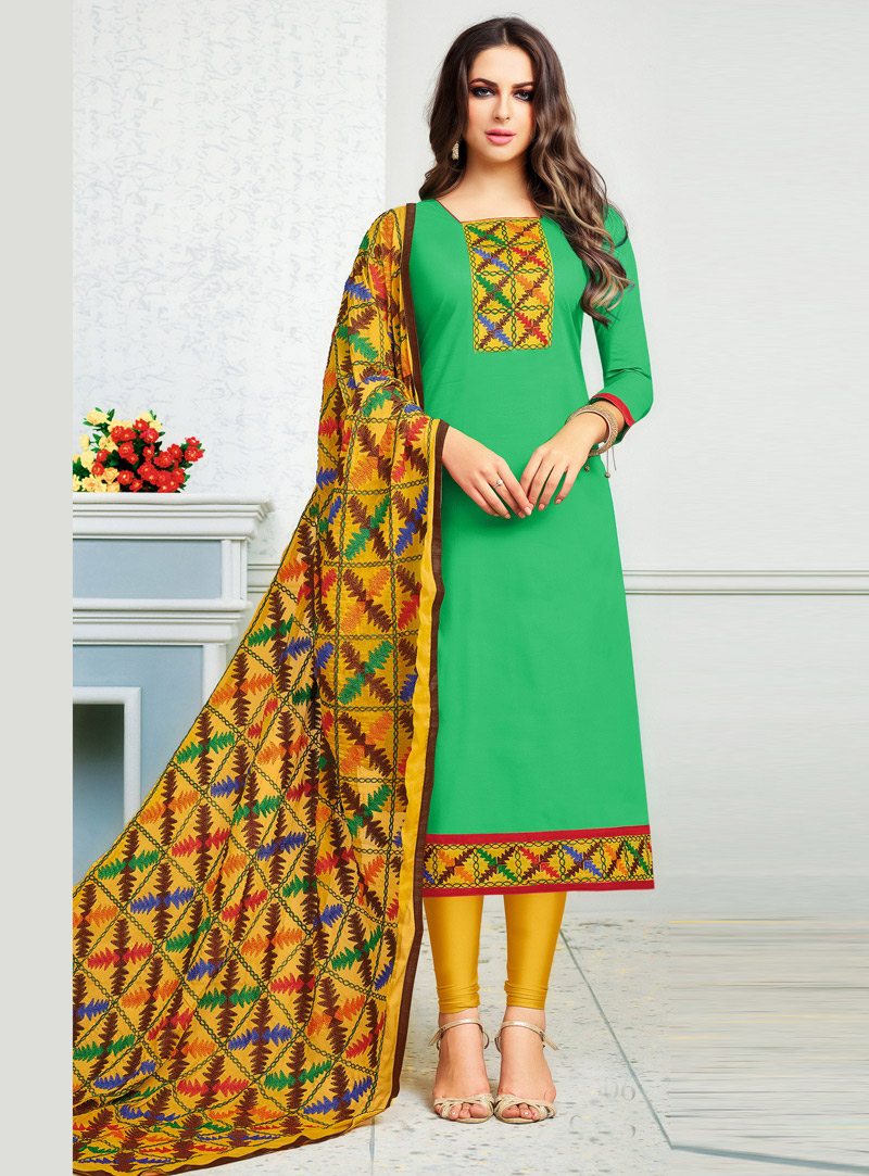 Green Cambric Cotton Kameez With Churidar 132716