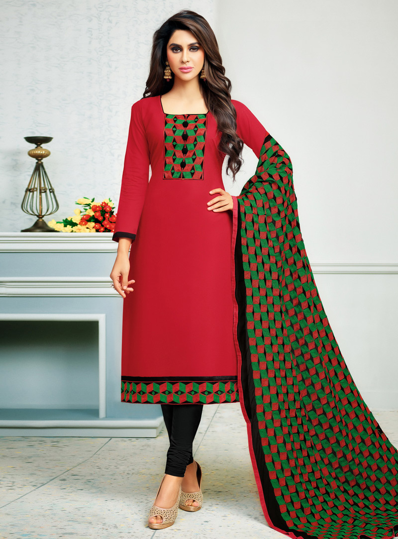 Red Cambric Cotton Churidar Salwar Suit 132717