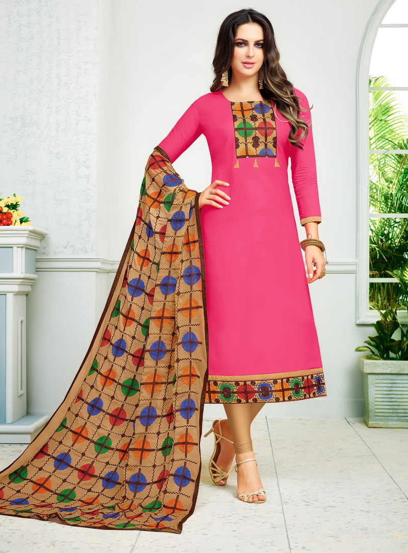 Pink Cambric Cotton Kameez With Churidar 132722