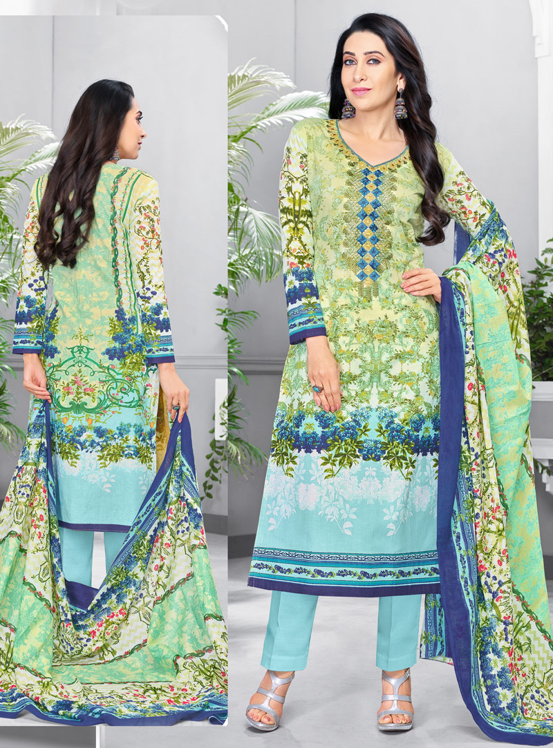 Karisma Kapoor Light Green Glace Cotton Pakistani Style Suit 132791