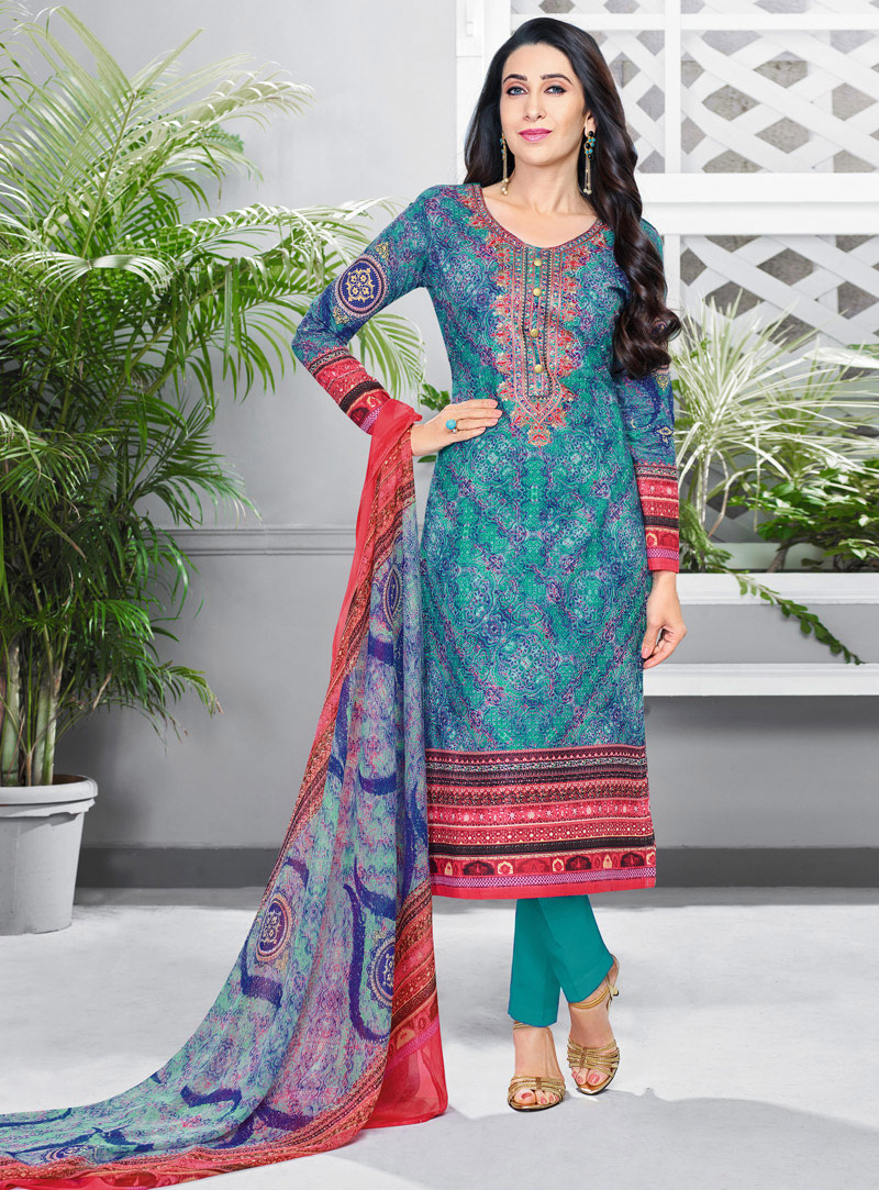 Karisma Kapoor Blue Glace Cotton Pakistani Style Suit 132793