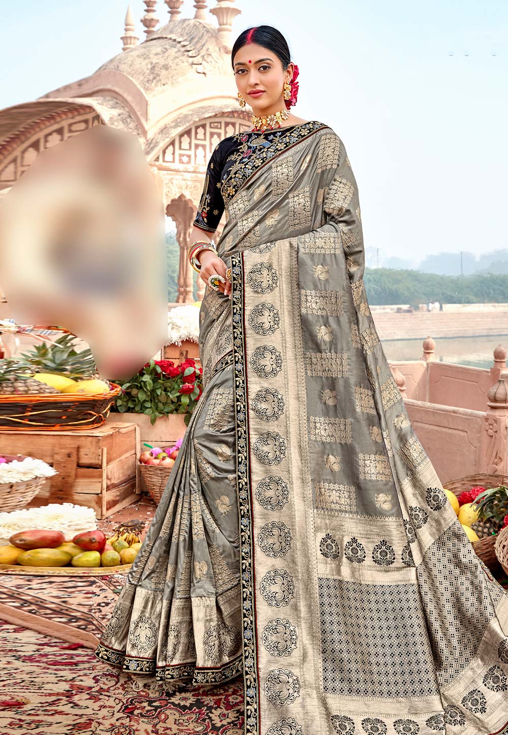 Grey Banarasi Silk Saree With Blouse 209096