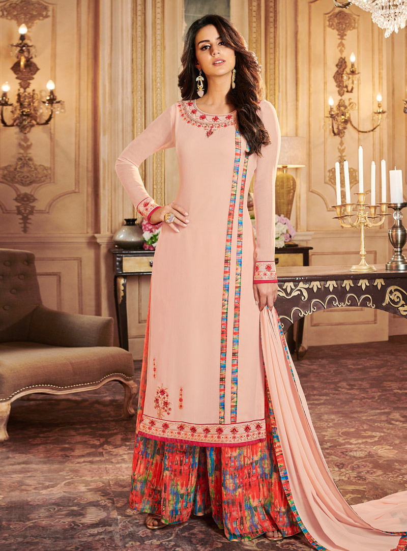 Peach Georgette Palazzo Style Suit 144120
