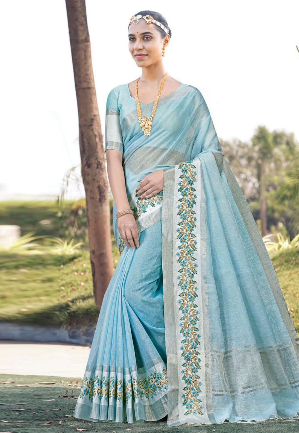 Sky Blue Banarasi Saree With Blouse 261615