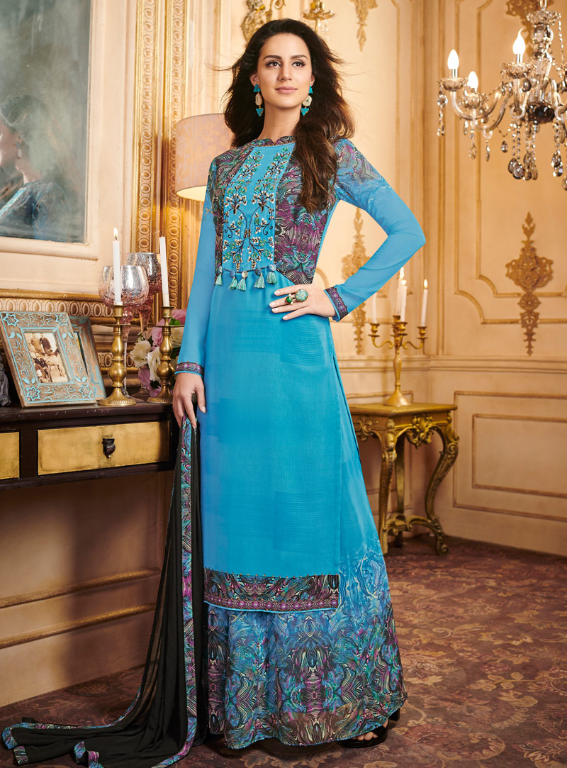 Blue Georgette Palazzo Style Suit 144122
