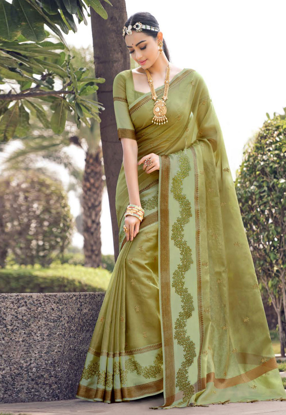 Mehndi Banarasi Saree With Blouse 261616